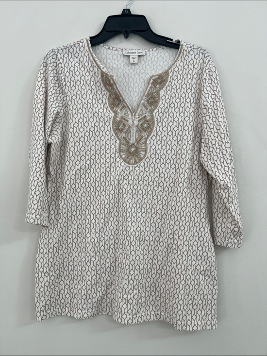 Coldwater Creek Tops - Coldwater Creek Cream Tunic with Tan Embroidered V-Detail